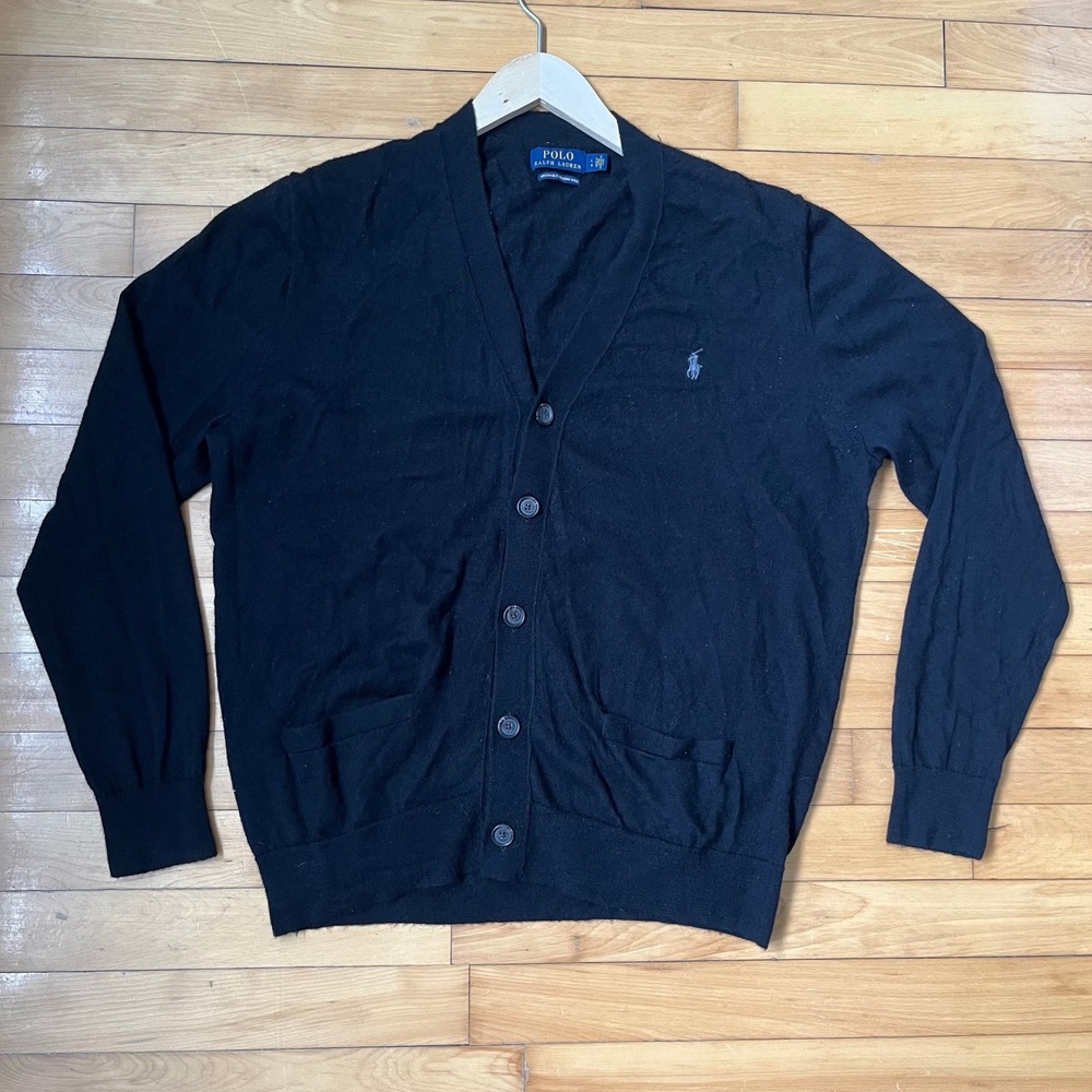 Polo Ralph Lauren Mens Black Washable Merino Wool V-Neck Cardigan Sweater Large